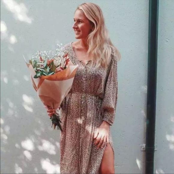 Bohemian Leopard Print Maxi Dress Button Up Gypsy - Picture 5 of 16